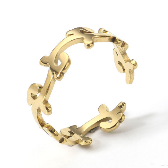 Picture of 2 PCs 304 Stainless Steel Open Adjustable Rings Gold Plated Flower Vine 16.9mm(US Size 6.5)