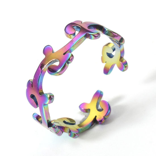 Picture of 2 PCs 304 Stainless Steel Open Adjustable Rings Rainbow Color Plated Flower Vine 16.9mm(US Size 6.5)