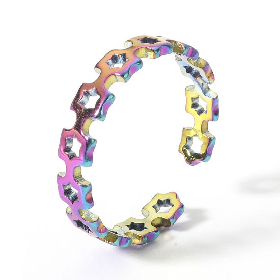 Picture of 2 PCs Eco-friendly PVD Vacuum Plating 304 Stainless Steel Open Adjustable Rings Rainbow Color Plated Hexagon 16.9mm(US Size 6.5)