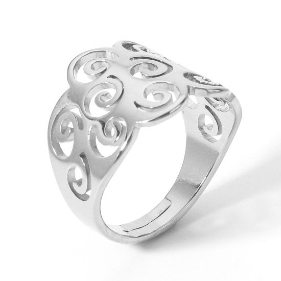 Picture of 2 PCs 304 Stainless Steel Open Adjustable Rings Silver Tone Filigree 16.9mm(US Size 6.5)