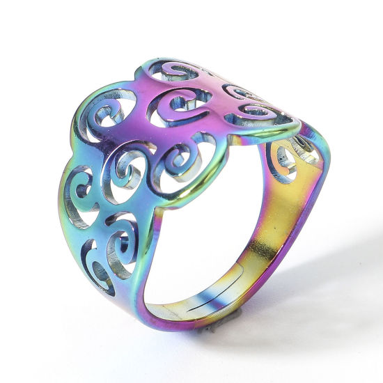 Picture of 2 PCs Eco-friendly PVD Vacuum Plating 304 Stainless Steel Open Adjustable Rings Rainbow Color Plated Filigree 16.9mm(US Size 6.5)