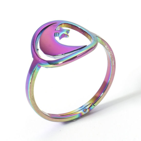 Picture of 2 PCs Eco-friendly PVD Vacuum Plating 304 Stainless Steel Open Adjustable Rings Rainbow Color Plated Star And Crescent 16.9mm(US Size 6.5)