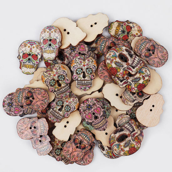 Picture of Wood Halloween Sewing Buttons Scrapbooking 2 Holes Sugar Skull At Random Mixed Color 2.5cm x 1.8cm, 1 Packet ( 24 PCs/Box)