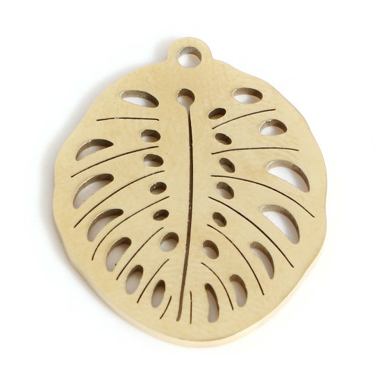 Picture of 2 PCs Vacuum Plating 316L Stainless Steel Simple Charms Gold Plated Leaf Hollow 21mm x 17mm