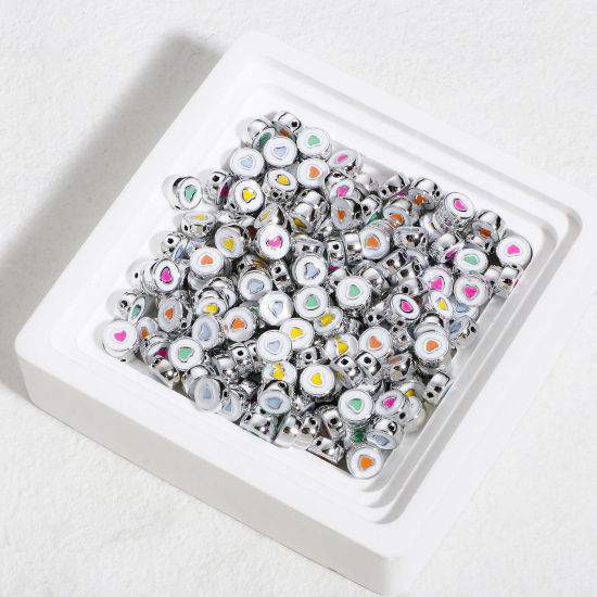 Bild von Zinklegierung Valentinstag Zwischenperlen Spacer Perlen für die Herstellung von DIY-Charme-Schmuck Zufällig gemischte Farben Rund Herz Emaille ca. 8mm D., Loch:ca. 1mm, 10 Stück