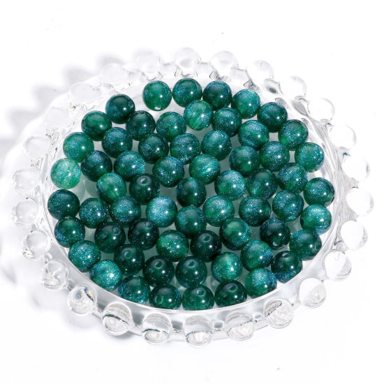 Picture of Acrylic Beads For DIY Charm Jewelry Making Dark Green Round Glitter About 8mm Dia., Hole: Approx 1.5mm, 100 PCs