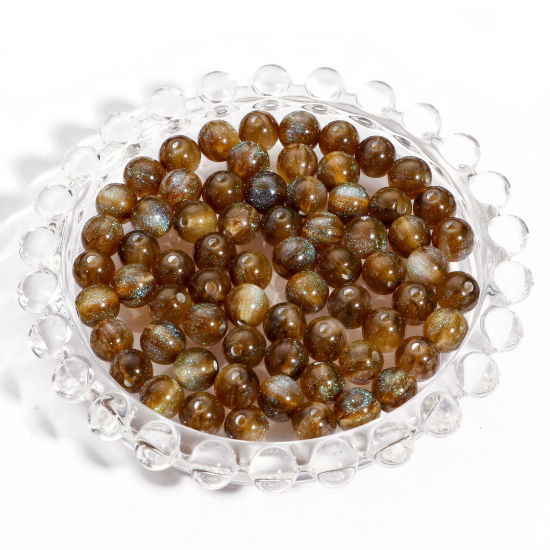 Picture of Acrylic Beads For DIY Charm Jewelry Making Brown Round Glitter About 8mm Dia., Hole: Approx 1.5mm, 100 PCs