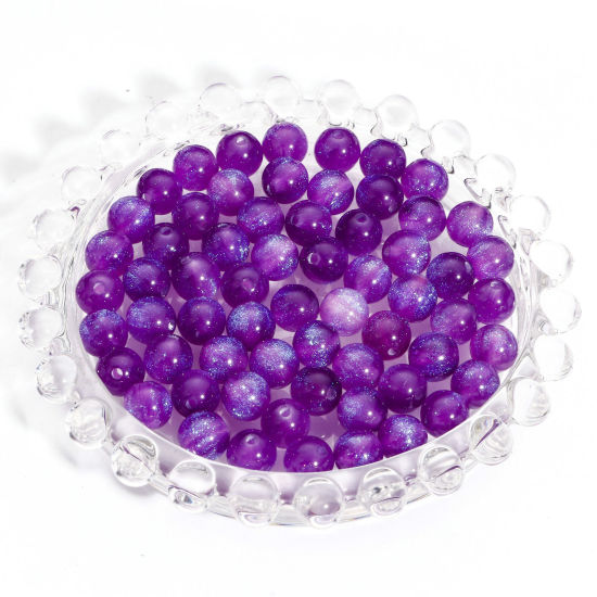 Picture of Acrylic Beads For DIY Charm Jewelry Making Purple Round Glitter About 8mm Dia., Hole: Approx 1.5mm, 100 PCs