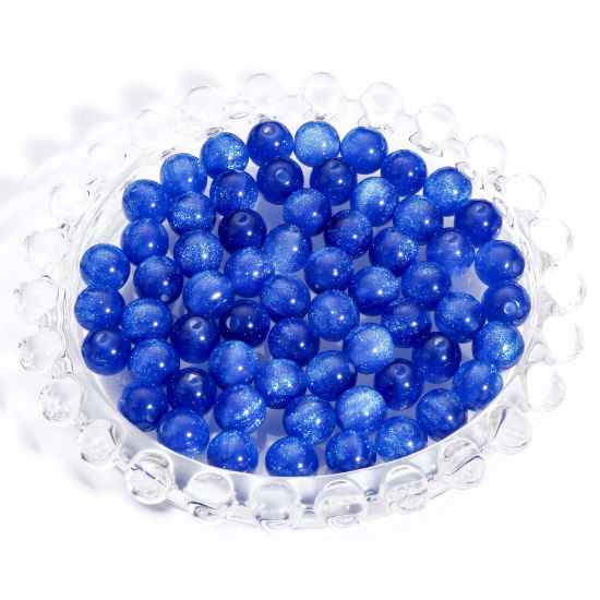 Picture of Acrylic Beads For DIY Charm Jewelry Making Dark Blue Round Glitter About 8mm Dia., Hole: Approx 1.5mm, 100 PCs