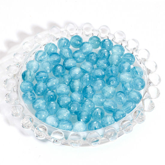 Picture of Acrylic Beads For DIY Charm Jewelry Making Lake Blue Round Glitter About 8mm Dia., Hole: Approx 1.5mm, 100 PCs