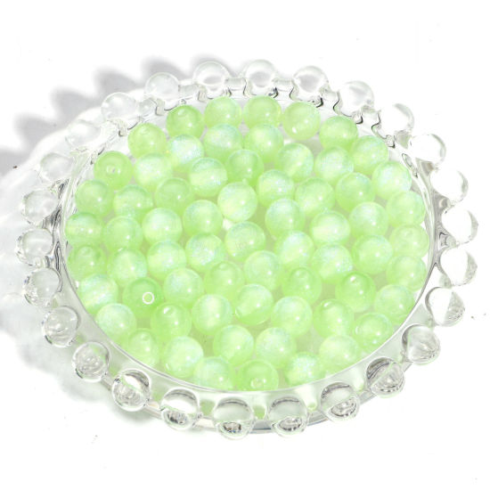 Picture of Acrylic Beads For DIY Charm Jewelry Making Light Green Round Glitter About 8mm Dia., Hole: Approx 1.5mm, 100 PCs