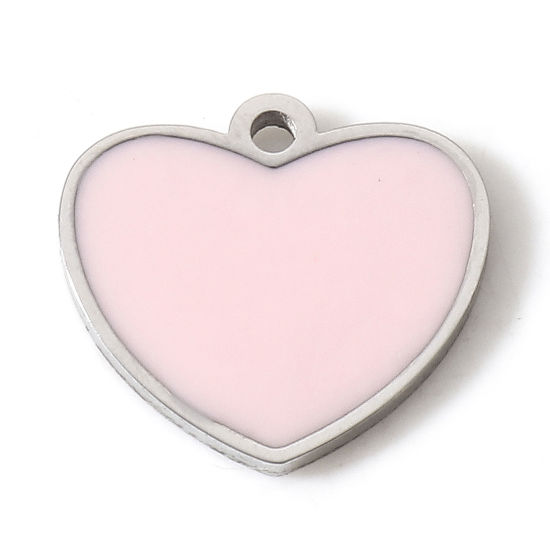 Image de Breloques en 304 Acier Inoxydable La Saint Valentin Cœur Argent Mat Rose Clair Émail 10mm x 9mm , 1 Pièce