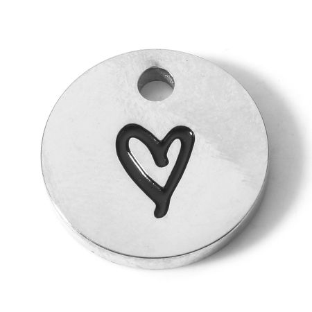 Picture of 304 Stainless Steel Valentine's Day Disc Charms Silver Tone Round Heart 14mm Dia., 1 Piece