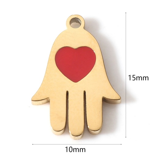 Image de 1 Pièce Breloques en 304 Acier Inoxydable Placage sous Vide La Saint Valentin Khamsa Symbole Paume Plaqué Or 18K Rouge Émail 15mm x 10mm