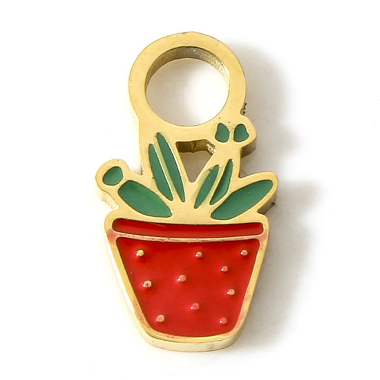 Picture of 1 Piece Vacuum Plating 304 Stainless Steel Flora Collection Charms 18K Gold Plated Red Pot Plant Enamel 11mm x 6mm