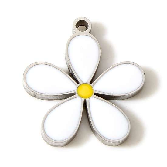 Picture of 304 Stainless Steel Flora Collection Charms Silver Tone White Flower Enamel 15mm x 14mm, 1 Piece