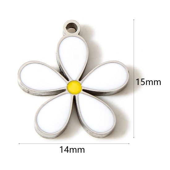 Picture of 304 Stainless Steel Flora Collection Charms Silver Tone White Flower Enamel 15mm x 14mm, 1 Piece