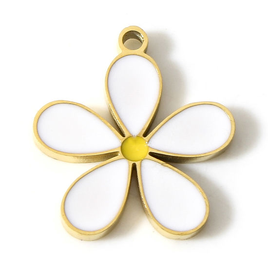 Picture of 1 Piece Vacuum Plating 304 Stainless Steel Flora Collection Charms 18K Gold Plated White Flower Enamel 15mm x 14mm