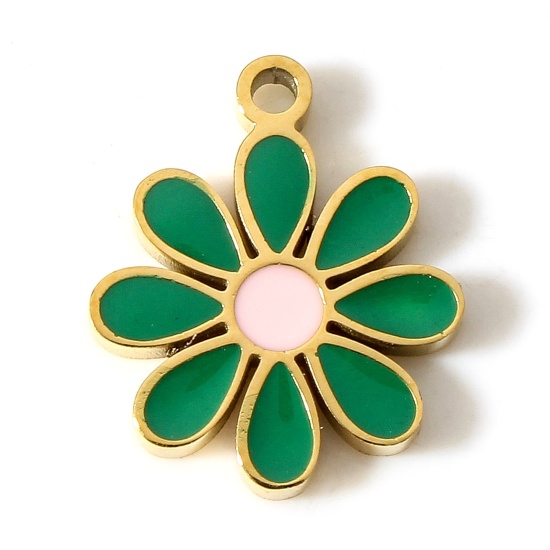 Picture of 1 Piece Vacuum Plating 304 Stainless Steel Flora Collection Charms 18K Gold Plated Green Flower Enamel 13mm x 11mm