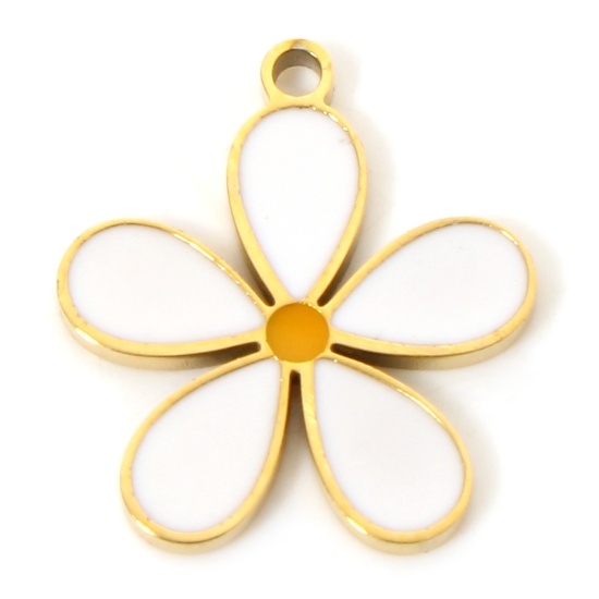 Picture of 1 Piece Vacuum Plating 304 Stainless Steel Flora Collection Charms 18K Gold Plated White Flower Enamel 15mm x 14mm