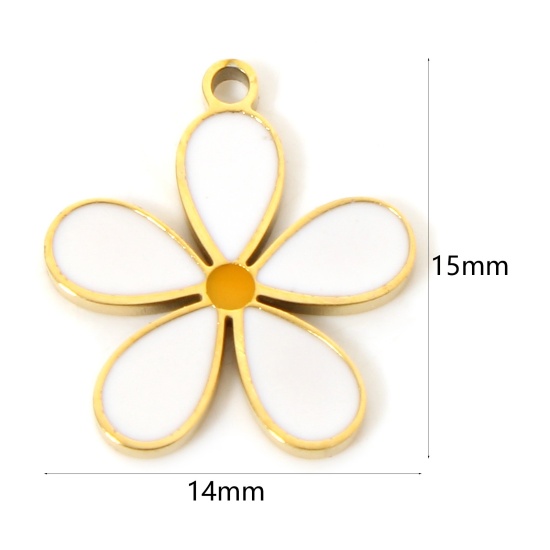 Picture of 1 Piece Vacuum Plating 304 Stainless Steel Flora Collection Charms 18K Gold Plated White Flower Enamel 15mm x 14mm