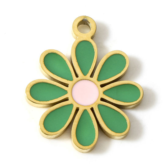 Picture of 1 Piece Vacuum Plating 304 Stainless Steel Flora Collection Charms 18K Gold Plated Green Flower Enamel 18mm x 15mm