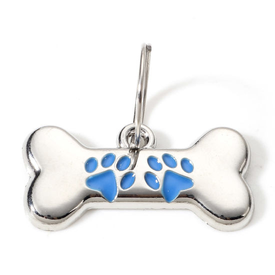 Picture of Zinc Based Alloy Pet Memorial Charms Pet Dog Cat Tag Silver Tone Blue Bone Paw Print Enamel 3cm x 1.5cm, 2 PCs