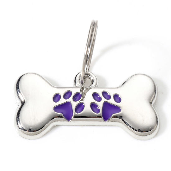 Picture of Zinc Based Alloy Pet Memorial Charms Pet Dog Cat Tag Silver Tone Purple Bone Paw Print Enamel 3cm x 1.5cm, 2 PCs