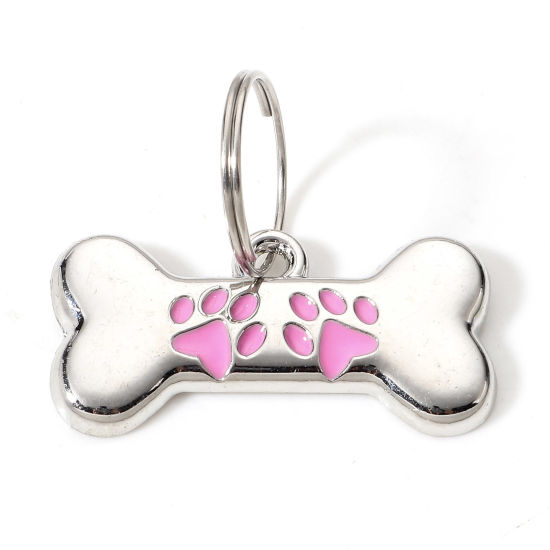 Picture of Zinc Based Alloy Pet Memorial Charms Pet Dog Cat Tag Silver Tone Pink Bone Paw Print Enamel 3cm x 1.5cm, 2 PCs