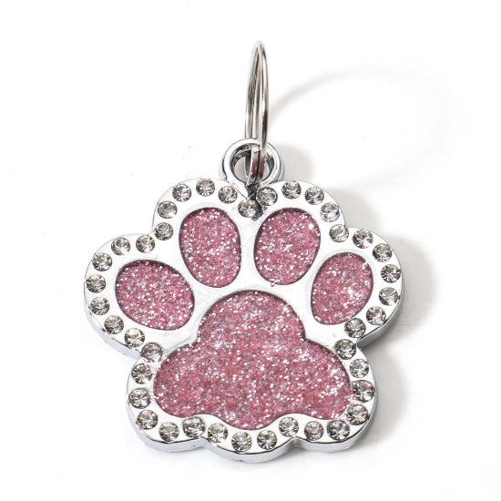 Bild von Zinklegierung Haustier Denkmal Anhänger Silberfarbe Rosa Pfotenabdruck Transparent Strass 1 Stück