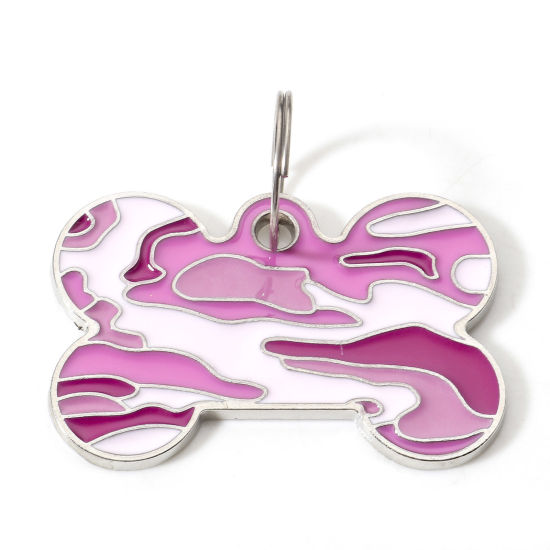 Picture of Zinc Based Alloy Pet Memorial Pendants Pet Dog Cat Tag Silver Tone Pink Bone Camouflage Enamel 4cm x 2.6cm, 2 PCs