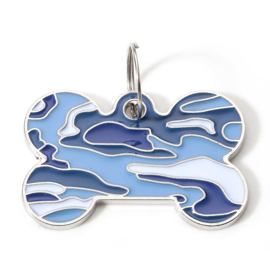 Image de Pendentifs Mémorial d'Animaux Domestiques en Alliage de Zinc Argent Mat Bleu OS Camouflage Émail 4cm x 2.6cm, 2 Pcs