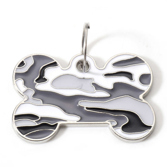 Picture of Zinc Based Alloy Pet Memorial Pendants Pet Dog Cat Tag Silver Tone Gray Bone Camouflage Enamel 4cm x 2.6cm, 2 PCs