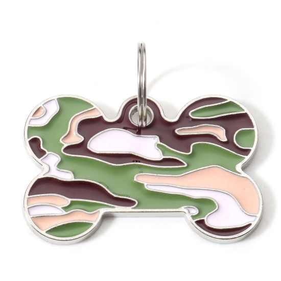 Image de Pendentifs Mémorial d'Animaux Domestiques en Alliage de Zinc Argent Mat Multicolore OS Camouflage Émail 4cm x 2.6cm, 2 Pcs