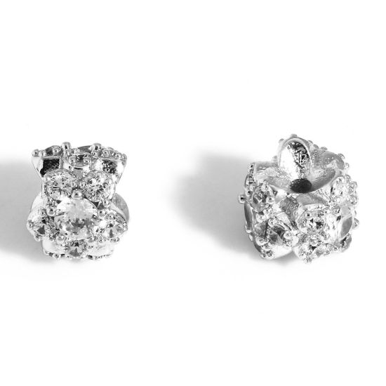 Bild von Messing Exquisit Perlen für die DIY-Schmuckherstellung Echt Platin plattiert Blumen Micro Pave Klar Zirkonia Etwa 6,5mm x 6,5mm, Loch: Ca 0,8mm, 2 Stück