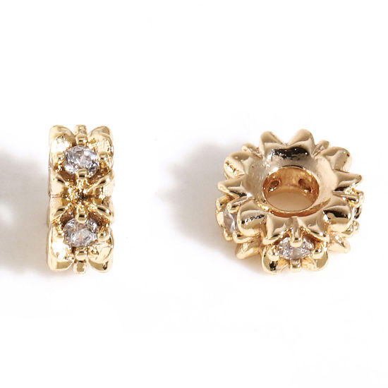 Bild von Messing Exquisit Perlen für die DIY-Schmuckherstellung 18K Echtgold plattiert Blumen Micro Pave Klar Zirkonia Etwa 6mm x 6mm, Loch: Ca 1.8mm, 2 Stück