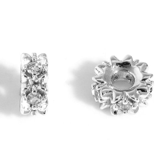 Bild von Messing Exquisit Perlen für die DIY-Schmuckherstellung Echt Platin plattiert Blumen Micro Pave Klar Zirkonia Etwa 6mm x 6mm, Loch: Ca 1,8mm, 2 Stück