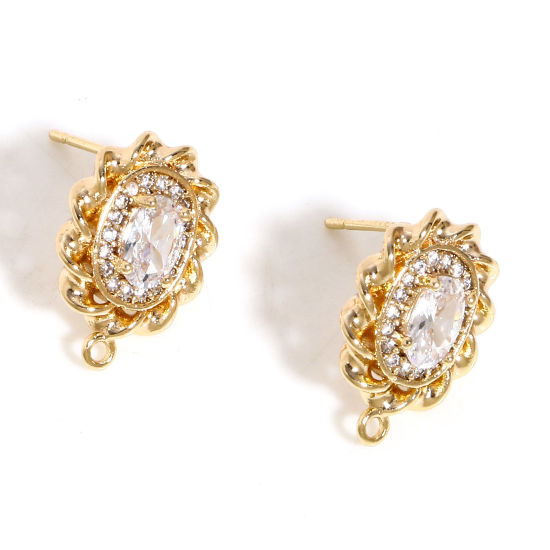 Image de Boucles d'Oreilles Puces en Laiton Plaqué Or Véritable 18K Ovale avec Boucle à Zirconia Cubique Clair 15.5mm x 11mm, Epaisseur de Fil: (21 gauge), 2 Pcs