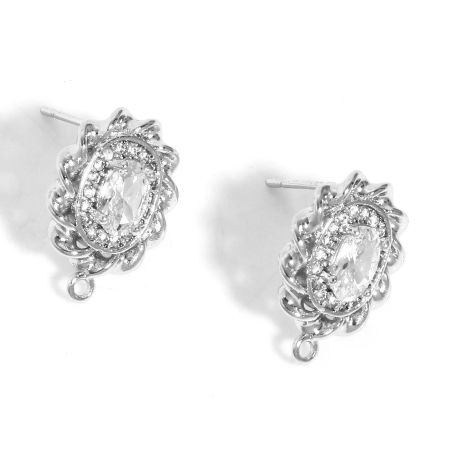 Picture of 2 PCs Brass Ear Post Stud Earrings Real Platinum Plated Oval Clear Cubic Zirconia With Loop 15.5mm x 11mm, Post/ Wire Size: 0.7mm(21 gauge)