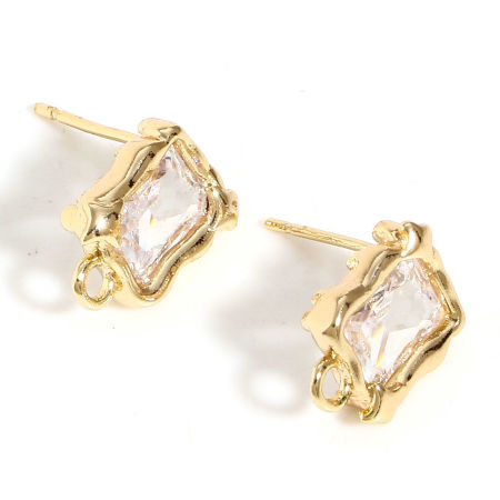 Picture of 2 PCs Brass Ear Post Stud Earrings 18K Real Gold Plated Square Clear Cubic Zirconia With Loop 13mm x 9mm, Post/ Wire Size: 0.8mm(20 gauge)