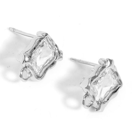 Image de Boucles d'Oreilles Puces en Laiton Plaqué Platine Véritable Carré avec Boucle à Zirconia Cubique Clair 13mm x 9mm, Epaisseur de Fil: (20 gauge), 2 Pcs