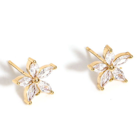 Image de Boucles d'Oreilles Puces en Laiton Plaqué Or Véritable 18K Fleur avec Boucle à Zirconia Cubique Clair 12mm x 11mm, Epaisseur de Fil: (21 gauge), 2 Pcs