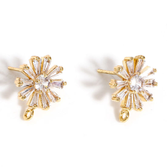 Image de Boucles d'Oreilles Puces en Laiton Plaqué Or Véritable 18K Fleur avec Boucle à Zirconia Cubique Clair 15mm x 12mm, Epaisseur de Fil: (21 gauge), 2 Pcs