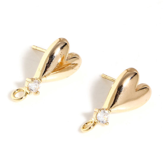 Picture of Brass Valentine's Day Ear Post Stud Earrings 18K Real Gold Plated Heart With Loop Clear Cubic Zirconia 18mm x 8.5mm, Post/ Wire Size: (20 gauge), 2 PCs