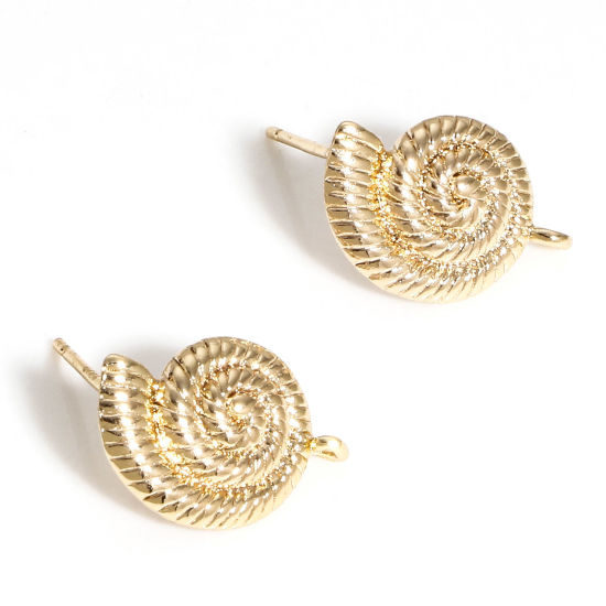 Picture of Brass Ocean Jewelry Ear Post Stud Earrings 18K Real Gold Plated Conch/ Sea Snail With Loop 16mm x 10.5mm, Post/ Wire Size: (21 gauge), 2 PCs