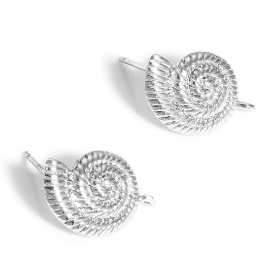 Picture of Brass Ocean Jewelry Ear Post Stud Earrings Real Platinum Plated Conch/ Sea Snail With Loop 16mm x 10.5mm, Post/ Wire Size: (21 gauge), 2 PCs