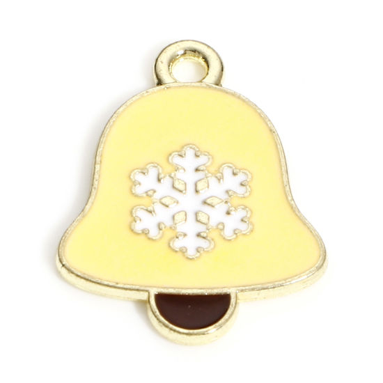 Picture of Zinc Based Alloy Christmas Charms KC Gold Plated Multicolor Bell Snowflake Enamel 19mm x 14mm, 10 PCs