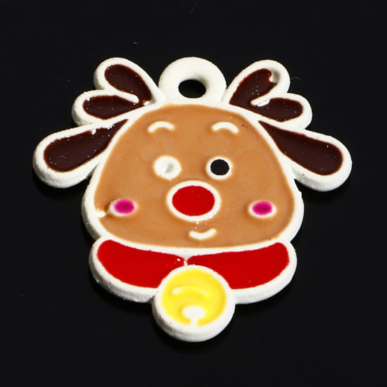 Picture of Zinc Based Alloy Christmas Charms White Multicolor Christmas Reindeer Enamel 18.5mm x 18mm, 10 PCs