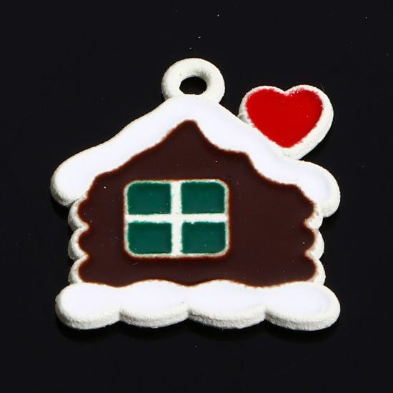 Picture of Zinc Based Alloy Christmas Charms White Multicolor Christmas Village House Heart Enamel 17mm x 15mm, 10 PCs