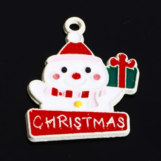 Picture of Zinc Based Alloy Christmas Charms White Multicolor Christmas Snowman Gift Box Enamel 20mm x 17mm, 10 PCs